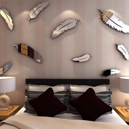 1Set 8Pcs Silver Feather 3D Mirror Wall Art Stickers Decal Home Bedroom Mural Decoration onestopbazaar