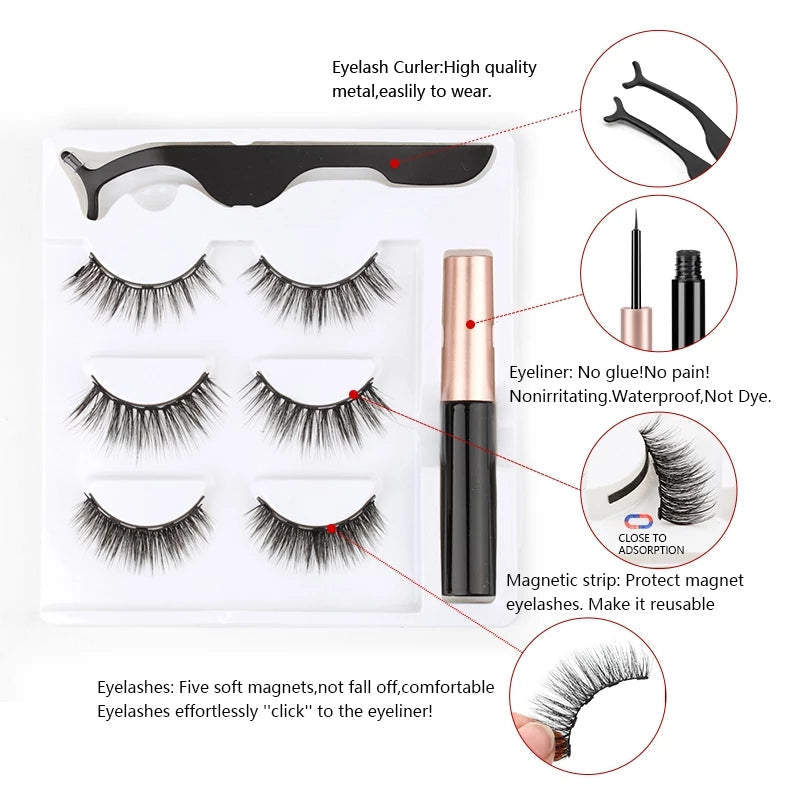 3 Pairs Magnetic Eyelashes Set - magnets with Waterproof Eyeliner Pen & Tweezers lashes Makeup Kit onestopbazaar