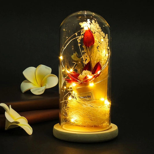 Beauty Dome Flower DRESSED Lighting Glass Vase with Wood Base onestopbazaar