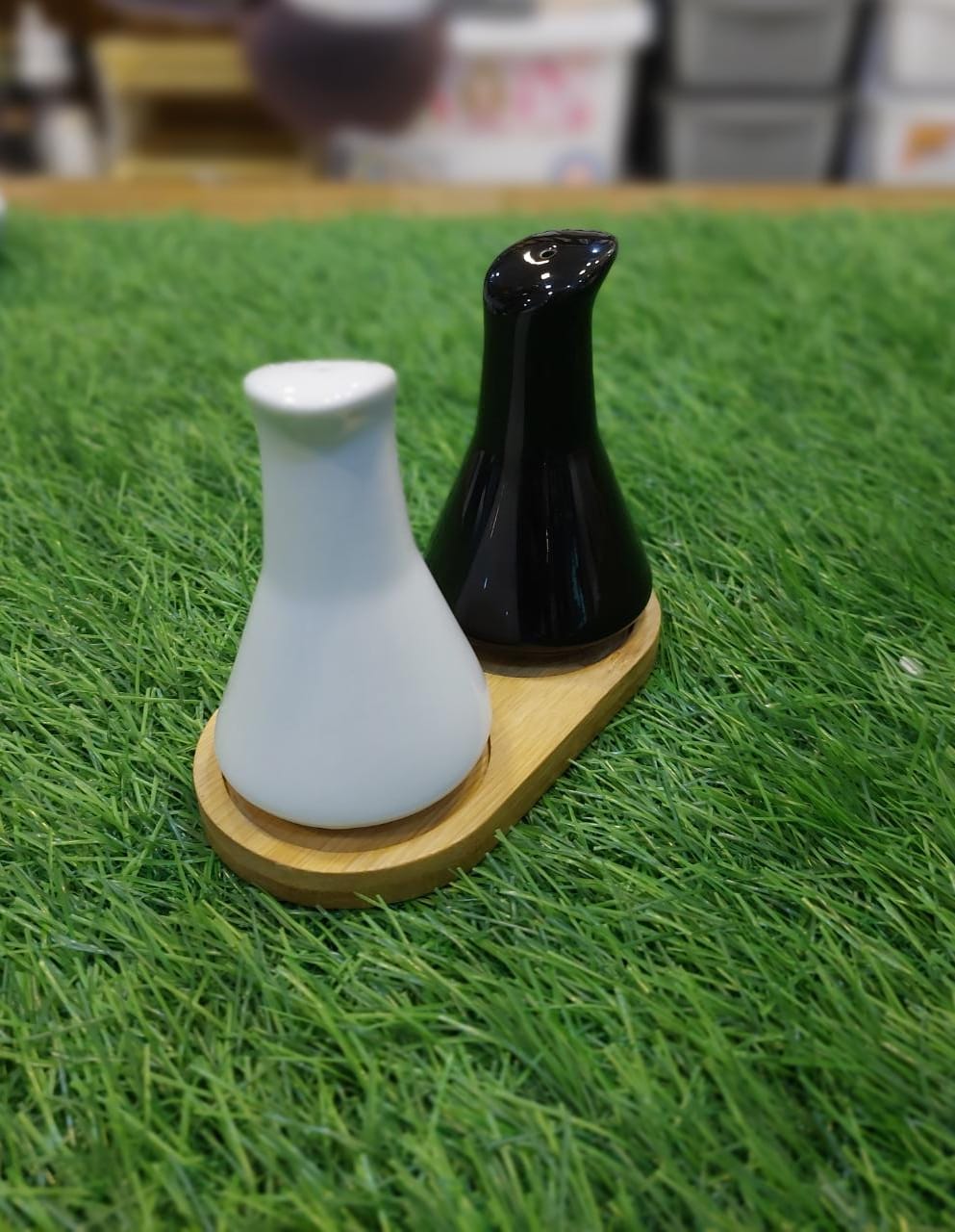 Ceramic Salt & Pepper Set With Wooden Base onestopbazaar